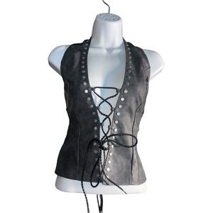 ***SOLD***TikTok Distressed Faux Leather Studded Halter Top – Size M